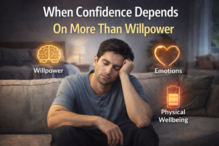 Man sitting thoughtfully on a sofa, showing how confidence depends on mental health, emotional balance, and physical wellbeing rather than willpower alone.