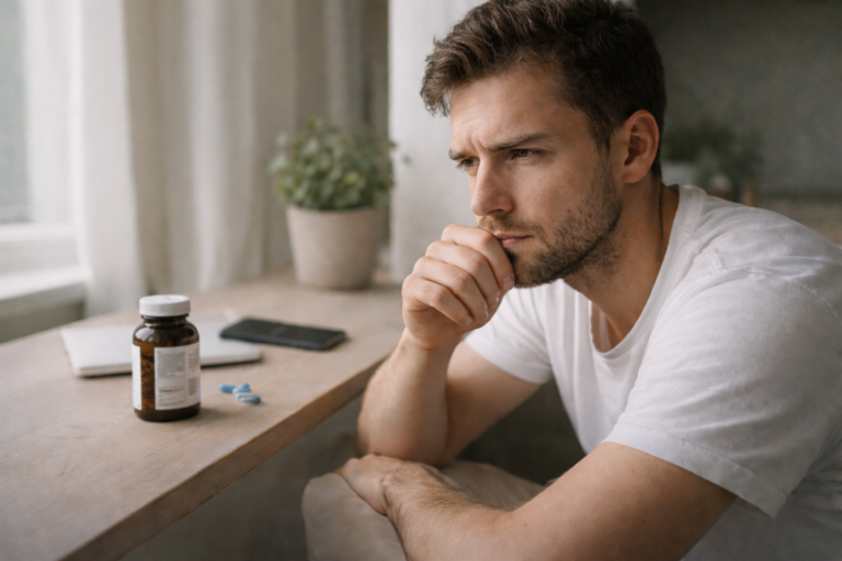 A realistic, softly lit photograph of an adult man sitting at a wooden table near a window, resting his chin on his hand with a thoughtful expression. Natural daylight fills the room, with a supplement bottle, capsules, a smartphone, and a small potted plant on the table, creating a calm, minimalist atmosphere.