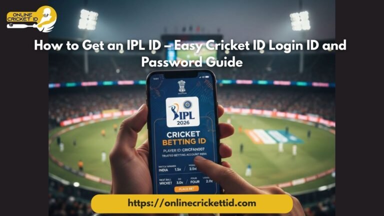 How to Get an IPL ID – Easy Cricket ID Login ID and Password Guide How to Get an IPL ID – Easy Cricket ID Login ID and Password Guide banner showing mobile screen with IPL Cricket Betting ID on Online Cricket ID platform inside cricket stadium.