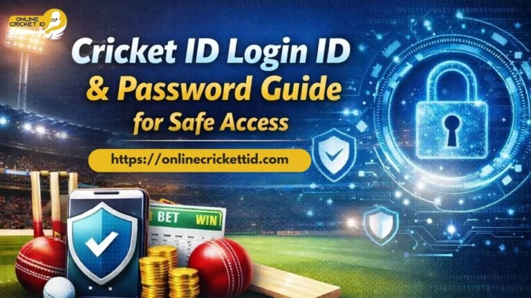 IPL ID Login ID & Password Guide for Safe Access – Online Cricket ID website banner with secure lock, cricket stadium background, mobile screen, cricket ball, bat and betting concept.