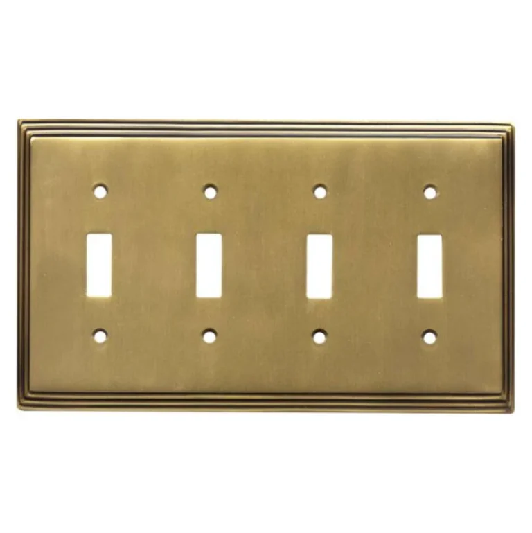 Antique brass 4-gang toggle switch plate cover featuring a brushed vintage finish, stepped edge border, and four rectangular openings for standard toggle switches.
