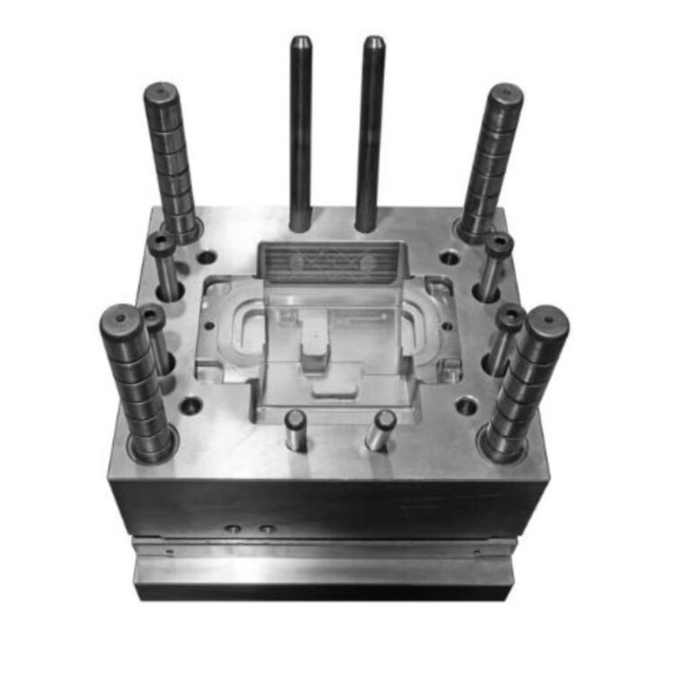 Metal injection mold with multiple guide pins and a rectangular cavity for forming a plastic part.