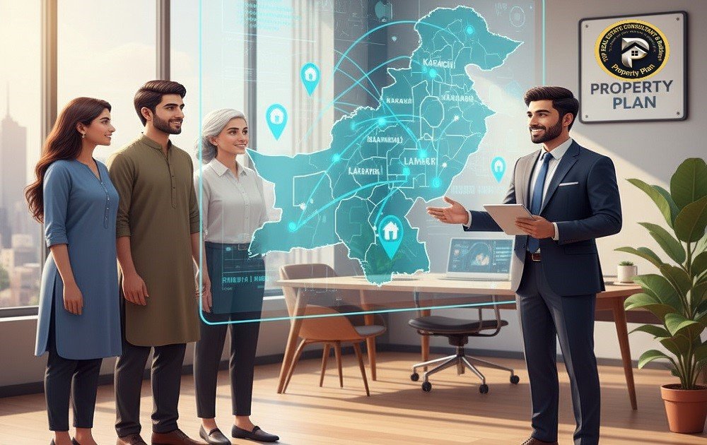 Real estate presentation with digital map to buy property in lahore