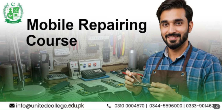 A man in an apron smiles while holding a phone part in a workshop. Text reads "Mobile Repairing Course." Tools and equipment are visible. Contact info is displayed.
