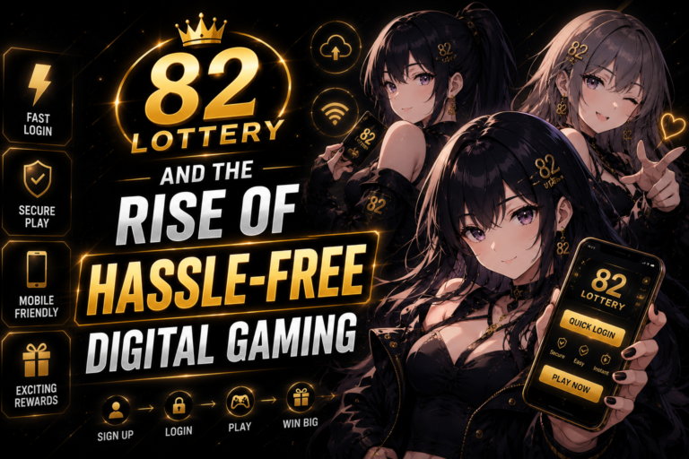 Anime-style girls in a black and gold gaming theme promoting 82 Lottery and the rise of hassle-free digital gaming, featuring mobile gaming elements, secure login icons, and a modern digital entertainment design.