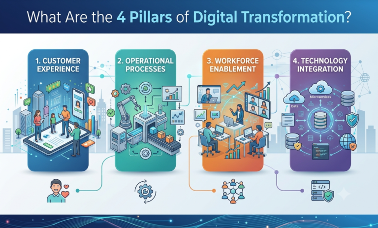 Infographic of the 4 Pillars of Digital Transformation: Customer Experience, Operational Processes, Workforce, and Tech.